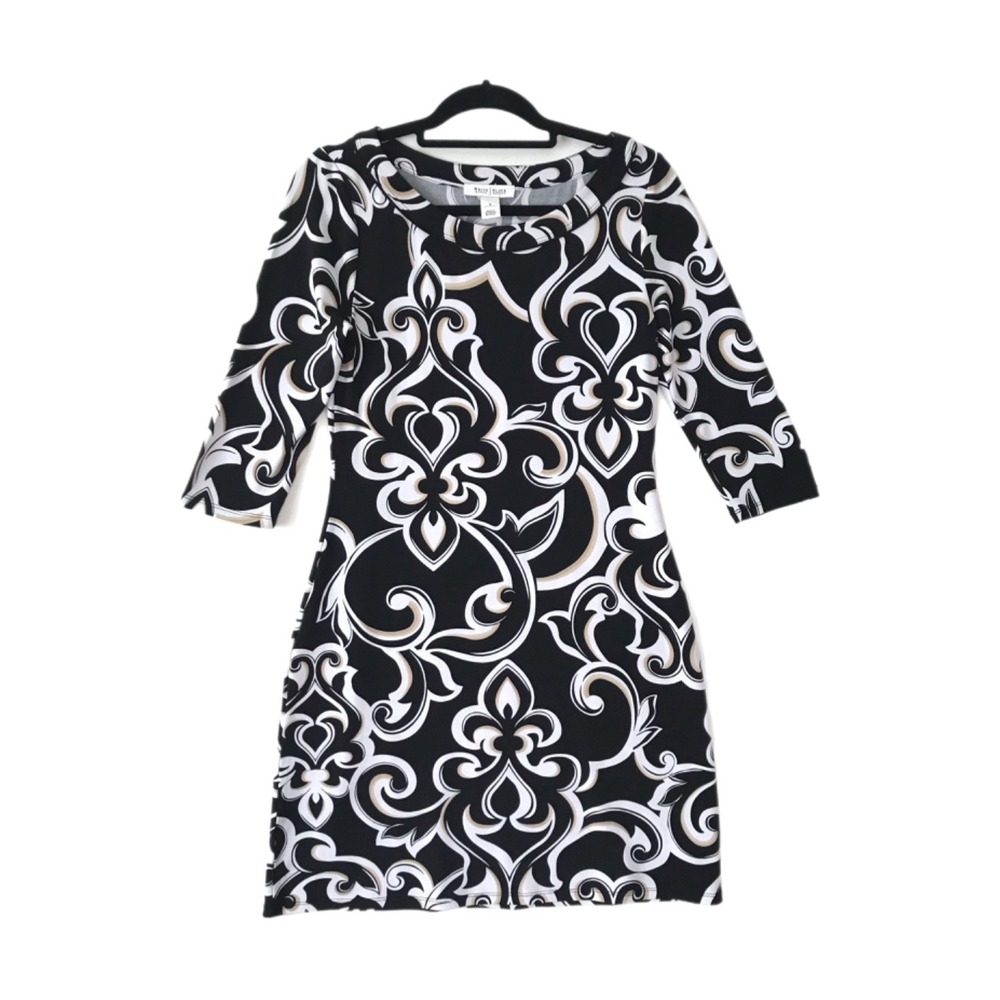 White House Black Market Dress WHBM Abstract Design 3/4 Sleeve Stretchy Size S